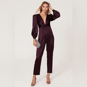 IEENA by Mac Duggal dark purple plum satin plunge neckline jumpsuit 4